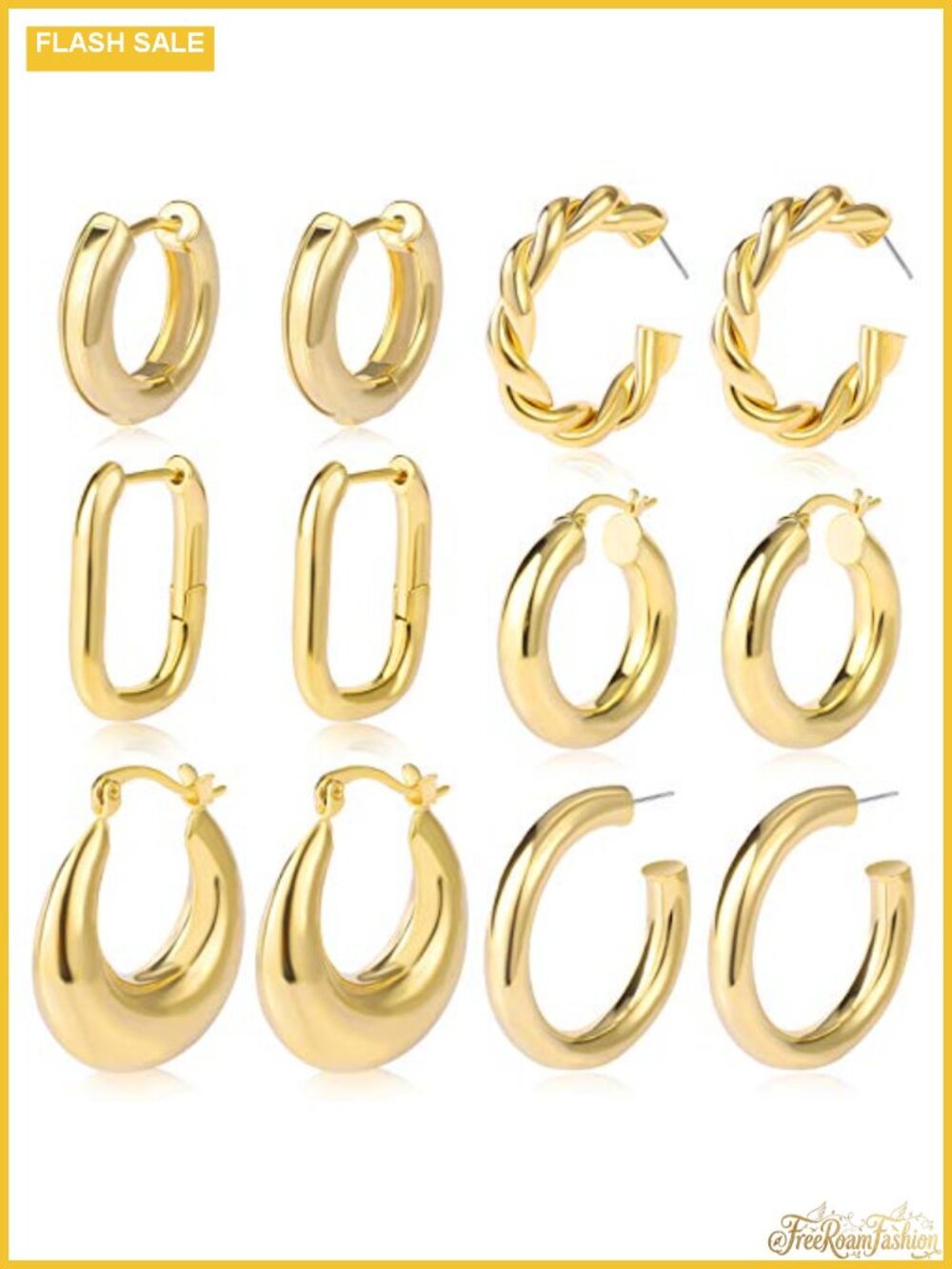 6 Pairs Chunky Gold Hoop Earrings 14K Gold Plated Hypoallergenic